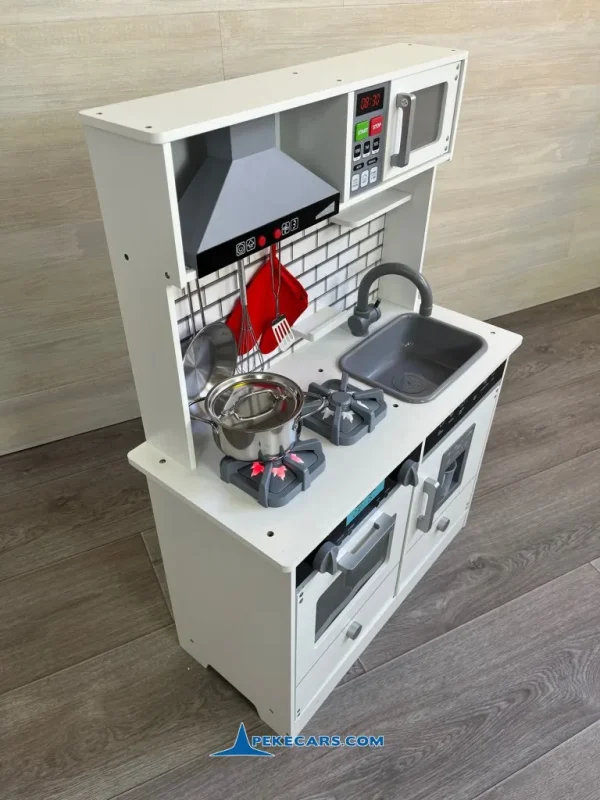 PEKECARS Cocina de Madera Infantil Blanca con Dispensador de hielo, Campana Extractora y 9 accesorios 6