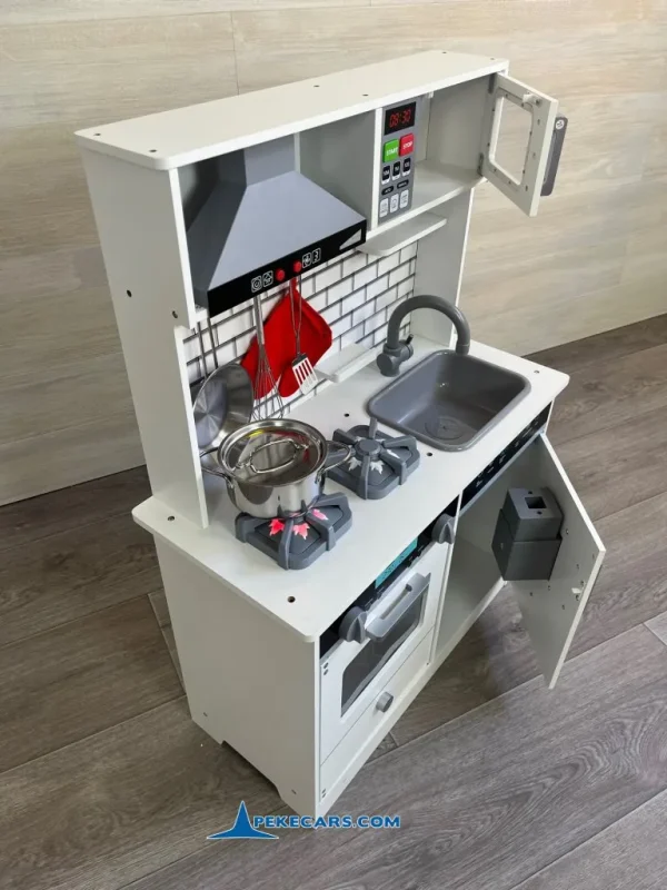 PEKECARS Cocina de Madera Infantil Blanca con Dispensador de hielo, Campana Extractora y 9 accesorios 7