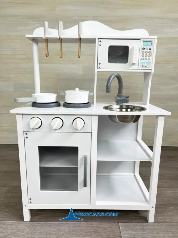 PEKECARS Cocina de Madera Infantil Pequeña Blanca con Horno y Microondas 5