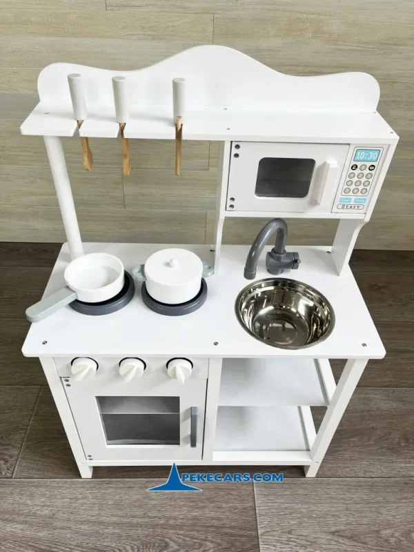 PEKECARS Cocina de Madera Infantil Pequeña Blanca con Horno y Microondas 6