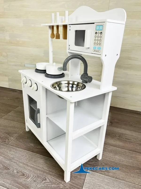 PEKECARS Cocina de Madera Infantil Pequeña Blanca con Horno y Microondas 7