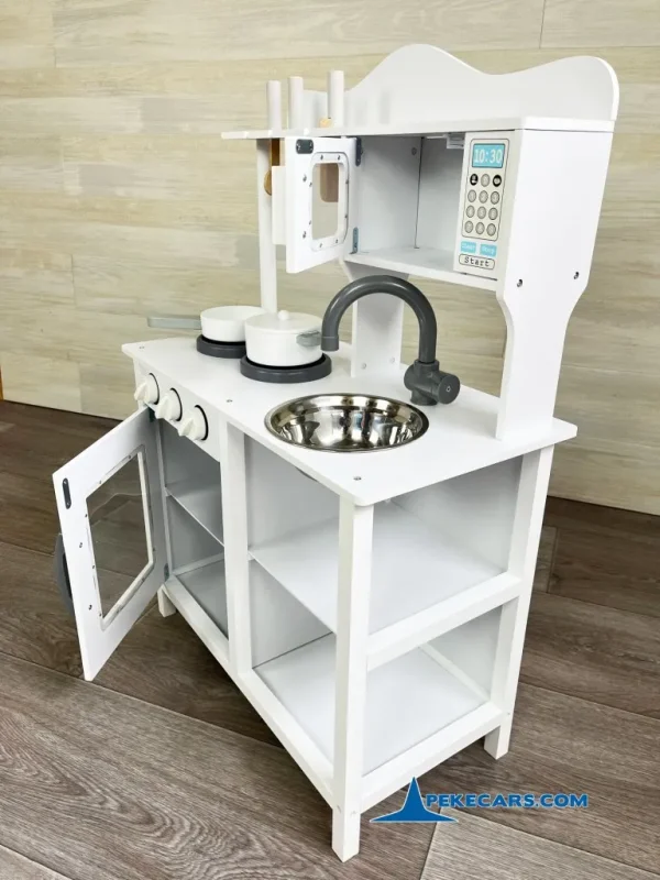 PEKECARS Cocina de Madera Infantil Pequeña Blanca con Horno y Microondas 8