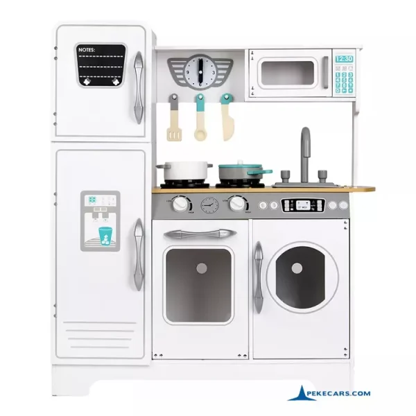 Cocina de Madera blanca moderna con lavadora, horno, fregadero y microondas 4