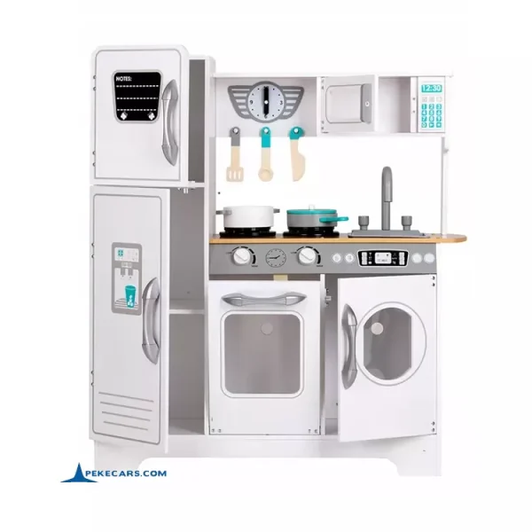 Cocina de Madera blanca moderna con lavadora, horno, fregadero y microondas 5