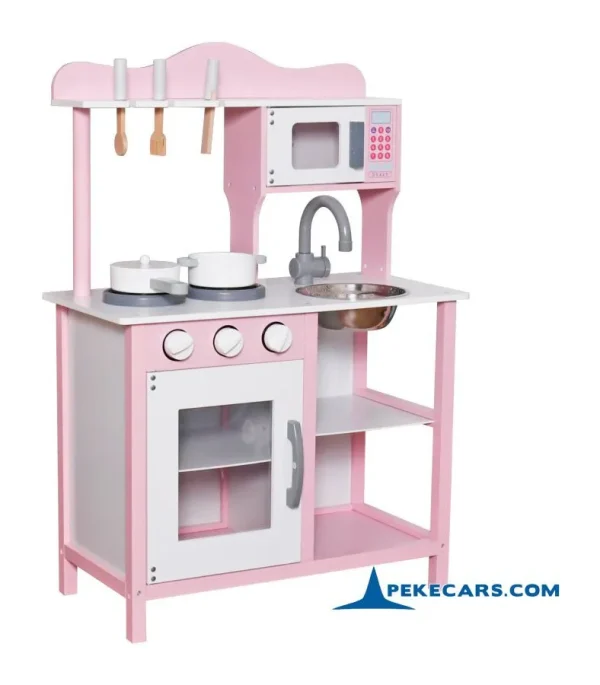 PEKECARS Cocina de Madera Infantil Pequeña Rosa con Horno y Microondas 3