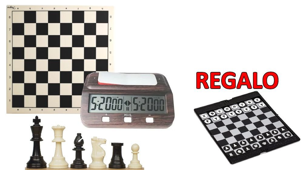 Set Tablero 45x45, Piezas Plástico Económico y Reloj Ajedrez Inforchess Plus 1