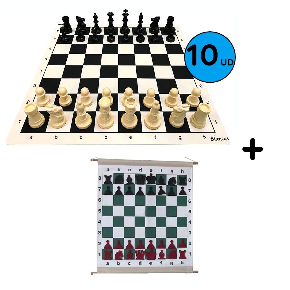 set-10-plastico-stauton-mural-negro.jpg Pack 10 Juegos De Tableros De Ajedrez 45x45 + Piezas Staunton 5/6 + Mural Mágnetico Negro 3