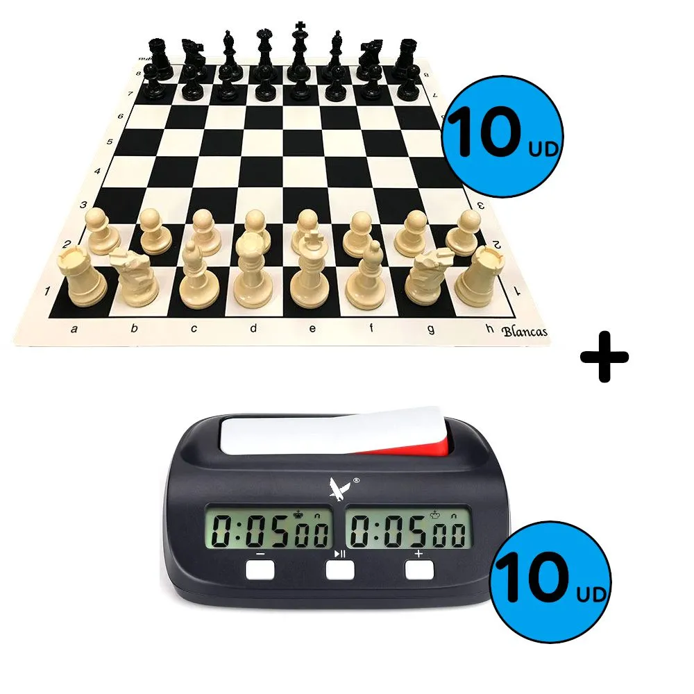 Pack 10 Juegos De Tableros De Ajedrez 45x45 + Piezas Staunton 5/6 + Relojes FIDE 1