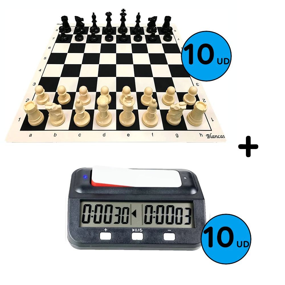 Pack 10 Juegos De Tableros De Ajedrez 45x45 + Piezas Staunton 5/6 + Relojes 1 Pack 10 Juegos De Tableros De Ajedrez 45x45 + Piezas Staunton 5/6 + Relojes 1