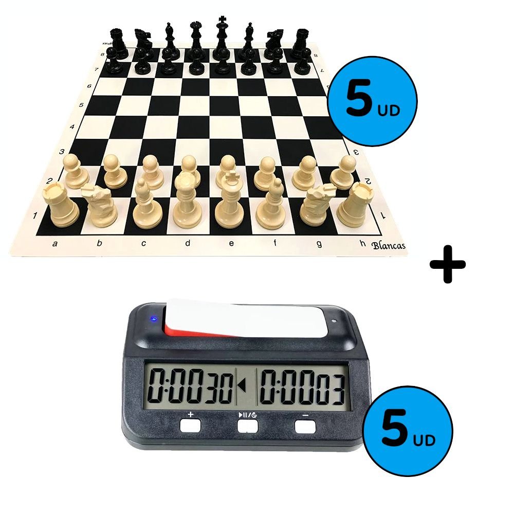 Pack 5 Juegos De Tableros De Ajedrez 45x45 + Piezas Staunton 5/6 + Relojes 1 Pack 5 Juegos De Tableros De Ajedrez 45x45 + Piezas Staunton 5/6 + Relojes 1